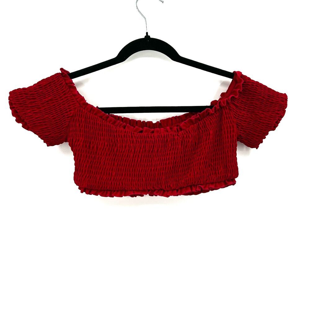 CHARLIE HOLIDAY Red Smocked Ruffle Off The Shoudler Festival Crop Top Size 2